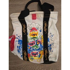 Ed Hardy Canvas Tote Bag‎ Koi Fish Lotus Flower Graphic Print